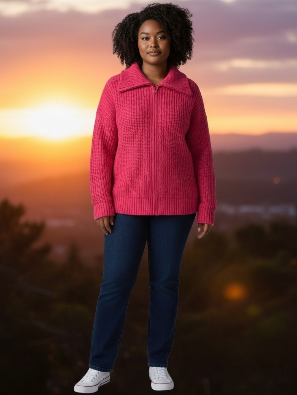 Ashley Stewart Fushia Full 2-Way Zip Ribbed Cardigan Sweater Size 3X